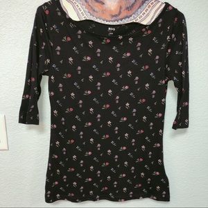 UO BDG Floral Wide Scoop Neck 3/4 Sleeve Top